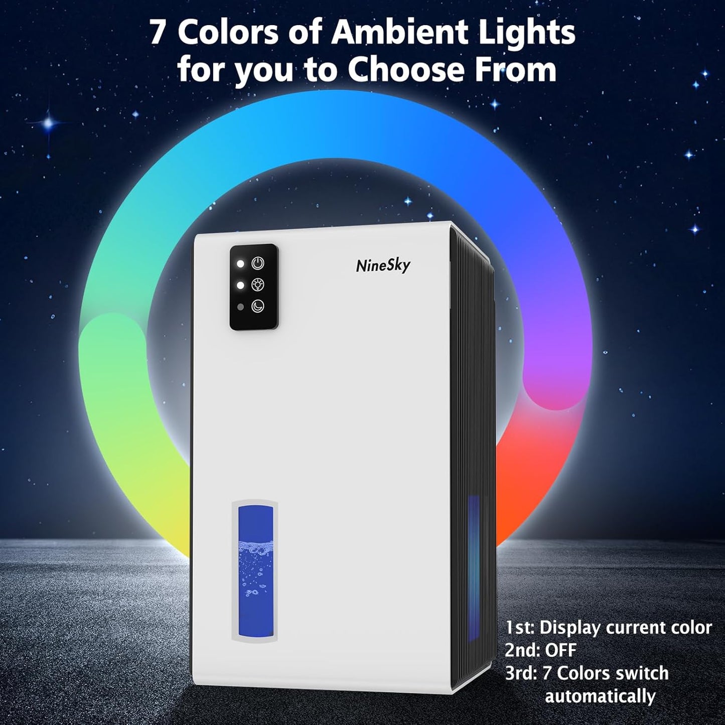 NineSky Dehumidifier - 1000 Sq.Ft. Quiet Home Dehumidifier with 95Oz Tank & 7-Color Light | White