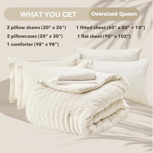 HYMOKEGE Queen Comforter Set - Ivory Oversized 7-Piece Luxury Bedding Set with Sheets & Pillowcases