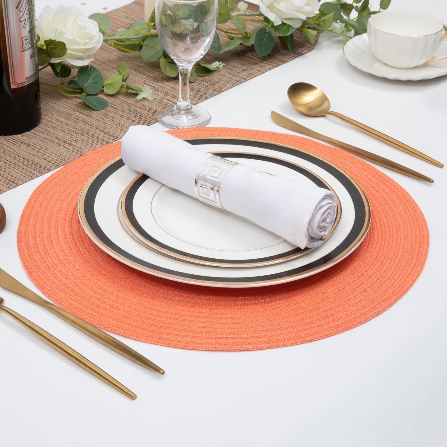 SHACOS Round Braided Placemats Set of 6 Washable Cotton Polyester Round Placemats for Kitchen Table 15 inch Round Table Mats (Coral, 6)