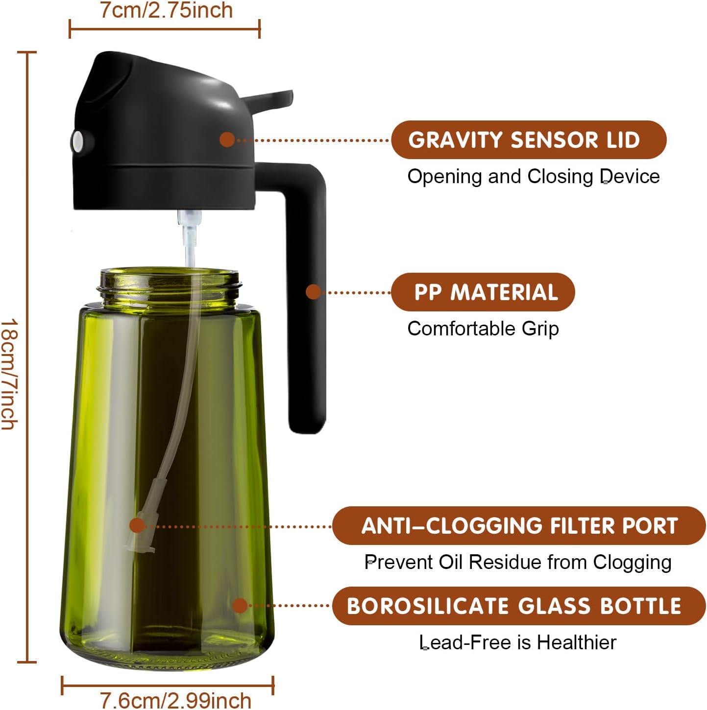YARRAMATE Dark Green Glass Oil Sprayer - 2-in-1 Light-Blocking Cooking Dispenser | 16oz Food-Grade Mister for Air Fryer & BBQ