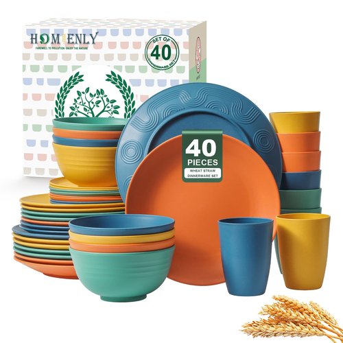 Homienly 40-Piece Premium Wheat Straw Dinnerware Sets, Service for 8, Unbreakable Plates and Bowls Set - Cups Sets, Dinner Plates, Bowls for Kitchen,Dishwasher and Microwave Safe Dishes Set - Multi