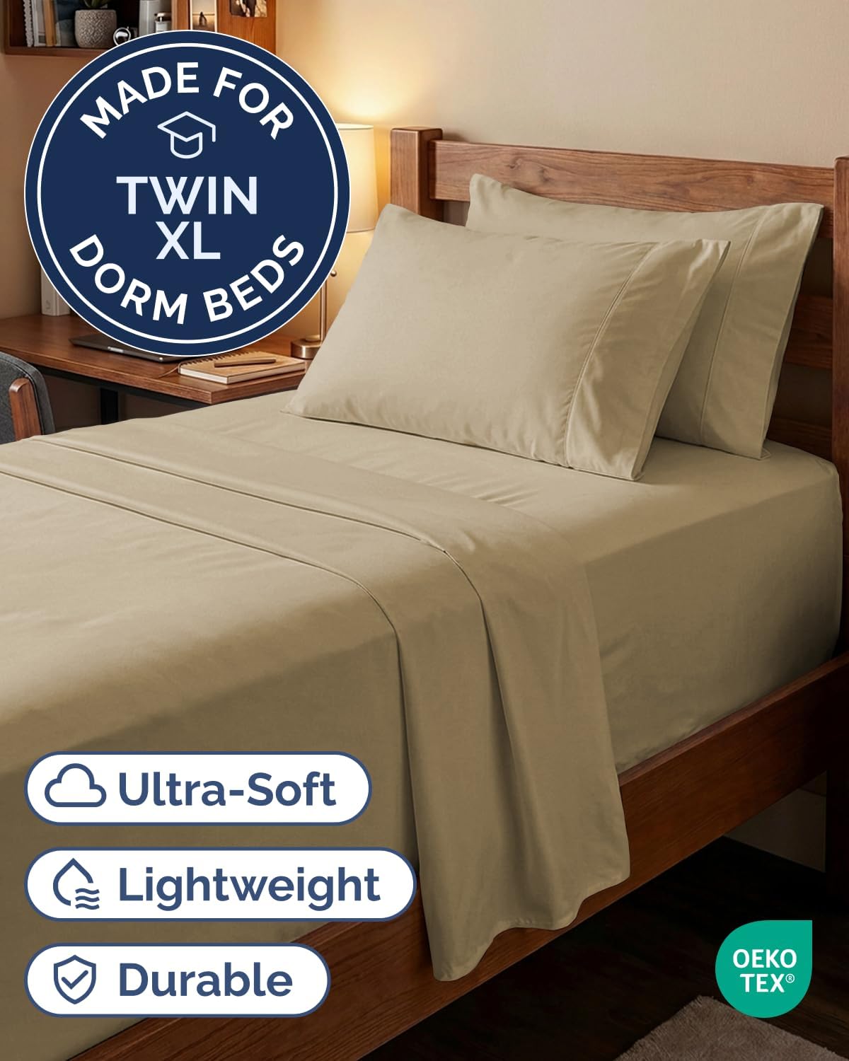 Skiennix Extra Deep Twin XL Sheet Set | 4-Piece Breathable Cooling Bedding - Soft, Wrinkle-Free, Beige