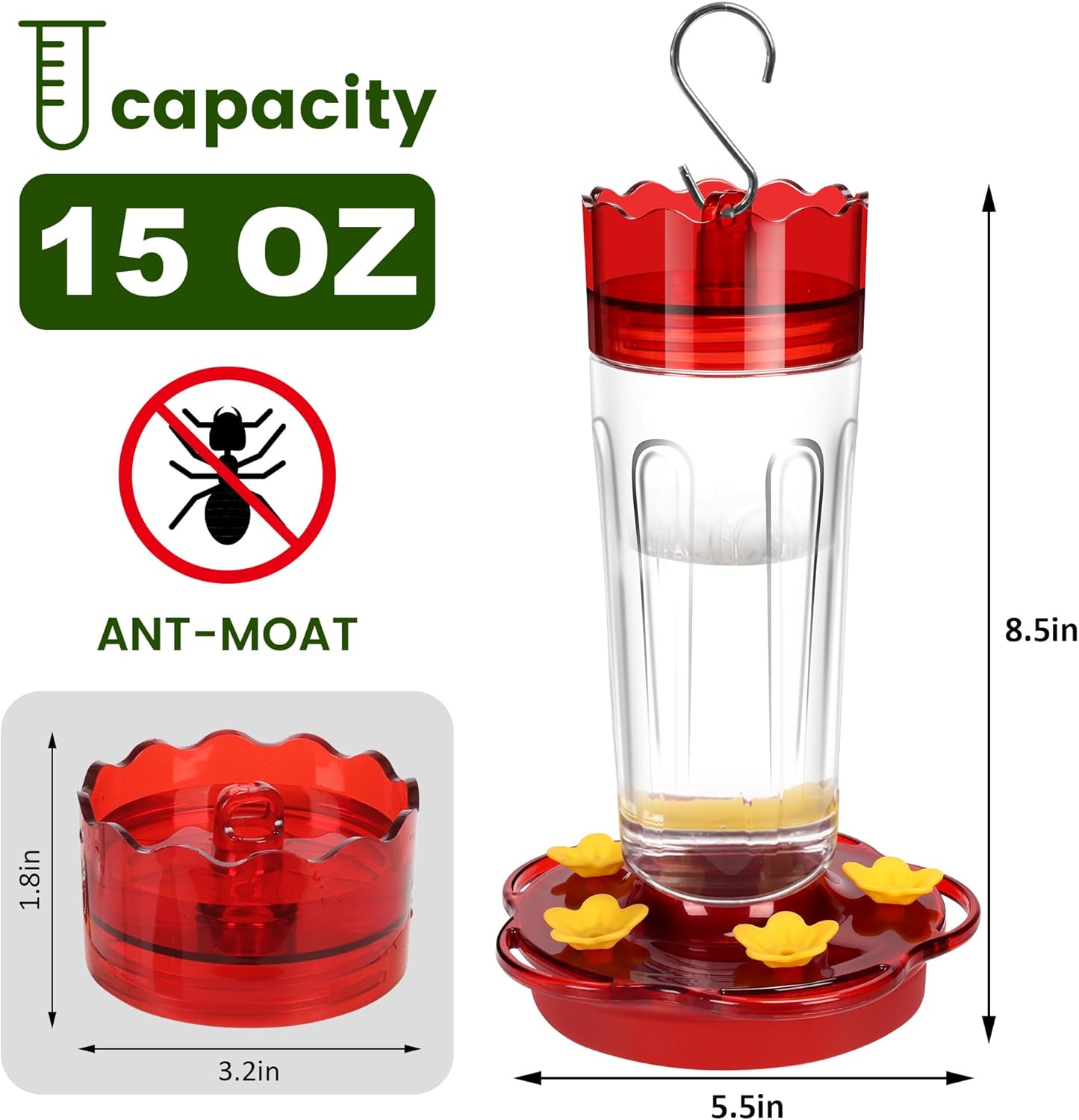 Skiennix Hummingbird Feeder - 15 Ounce Red Outdoor Feeder with Ant Moat & 5 Feeding Ports