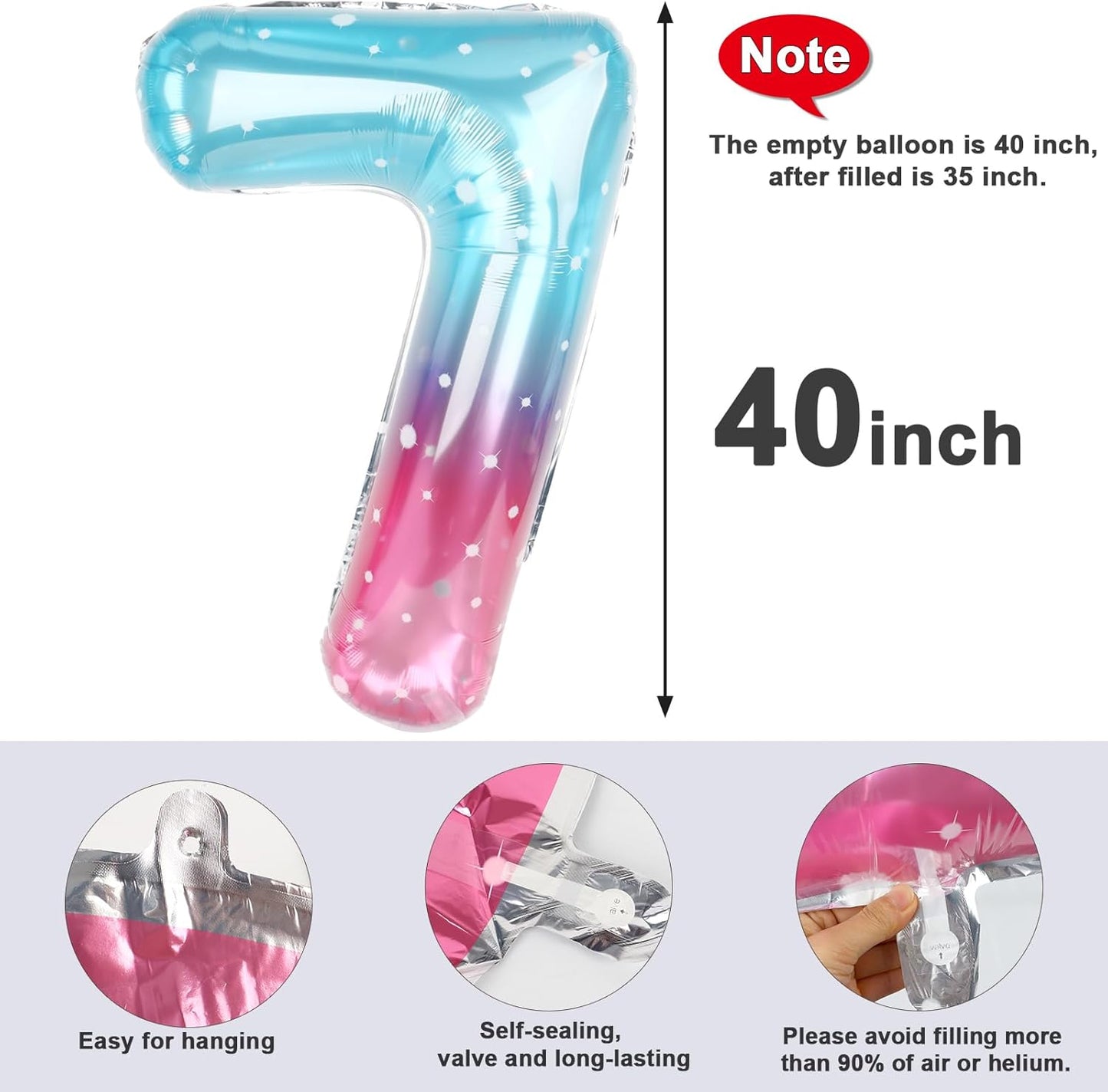 Skiennix 40-Inch Number 7 Balloon - Vibrant Pink, Purple & Blue Birthday Decorations for All Ages