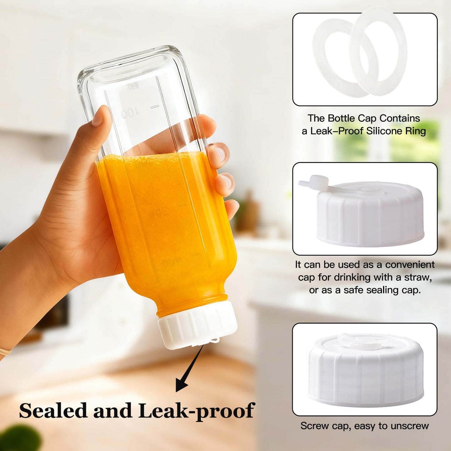 Ruckae 16oz 12 Pack Glass Juice Bottles with Hole Lids - Reusable Square Glass Juice Bottles with Leak-Proof Lid & Capacity Marks for Containers Juicing,Milk,Smoothies