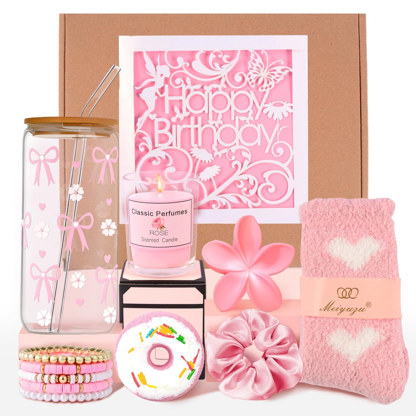 Birthday Gifts for Teen Girls, Happy Birthday Gift Basket for Women, Cute Easter Pink Gifts Basket for Teenage Girl Sister Friend Daughter Niece, Bow Glass Cup for 15+ Year Old Girl Gifts