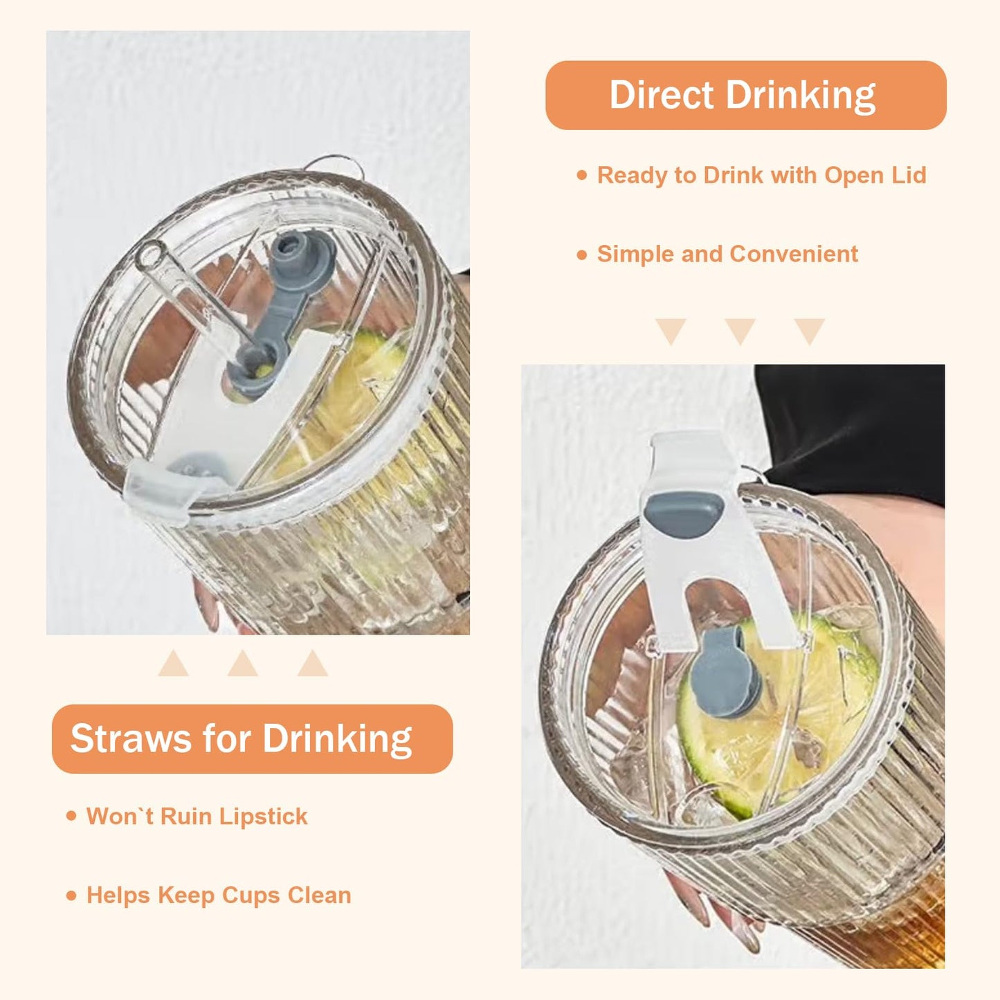 AUFXKOO 20oz Ribbed Glass Cups with Lids and Straws,1PCS Glass Tumbler with Straw and Lid,Iced Coffee Cups Drinking Glasses for Juice Whiskey Cocktail Beer