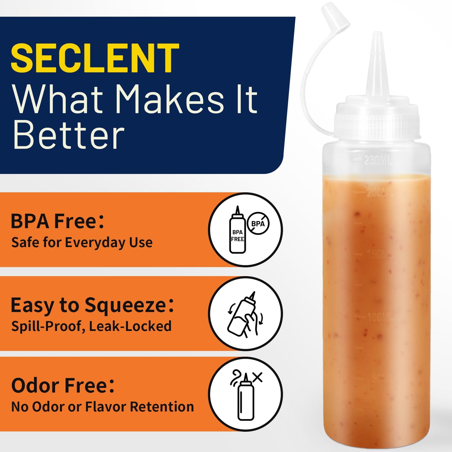 SECLENT 8 oz Squeeze Bottles, Plastic Condiment Squeeze Bottles for Sauces, Ketchup, Squirt Bottle for Dressing, Sauce Bottle for Syrup, Oil, Dressing, Mustard, Pancake Batter - 6 Pack