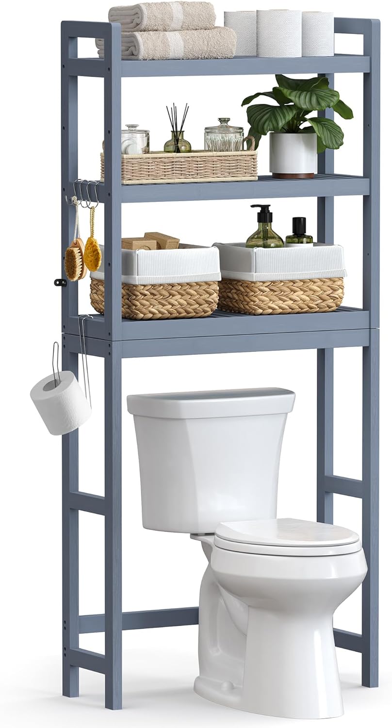 SONGMICS Over The Toilet Storage - 3-Tier Bathroom Organizer with Adjustable Shelf | Space-Saving Gray, 10.2 x 24.8 x 66.9 Inches