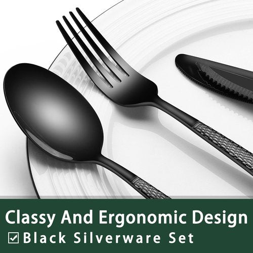 EWFEN 24-Piece Black Silverware Set with Steak Knives, Black Flatware Set for 4, Food-Grade Stainless Steel Tableware Cutlery Set, Mirror Finished Utensil Sets for Home Restaurant, Round Hammered