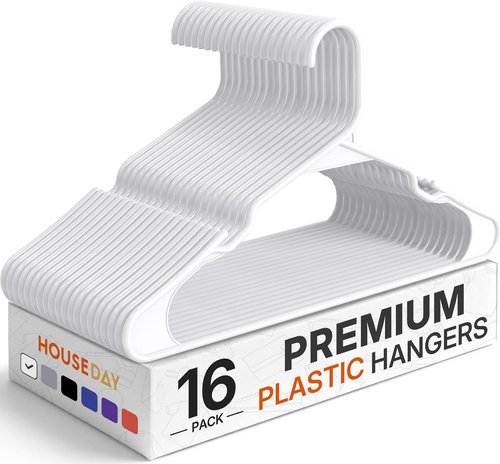 HOUSE DAY Plastic Hangers - 16 Pack White Non-Slip Durable Adult Clothes Hangers for Closet Organization