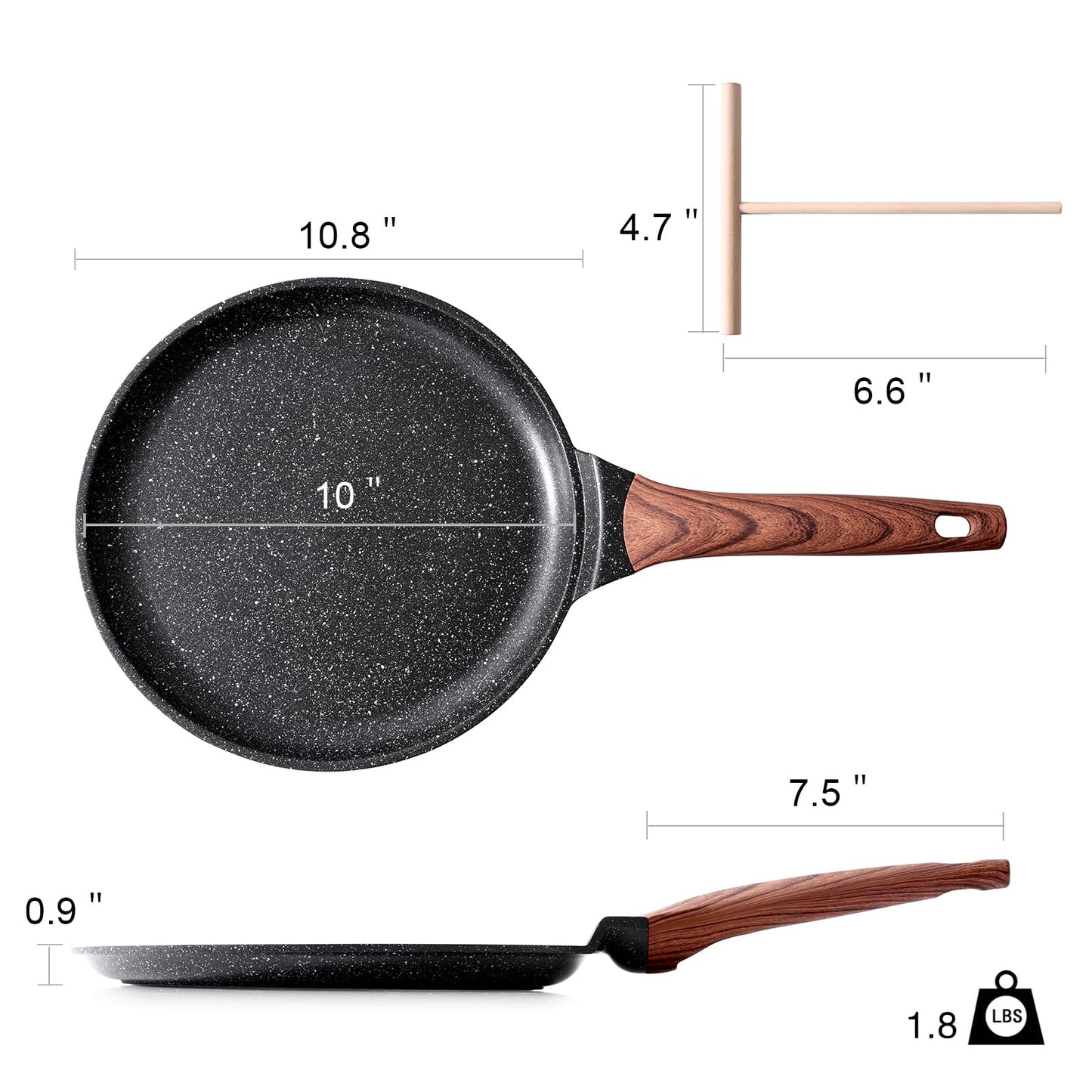 Kordisen Crepe Pan Nonstick, 10 Inch Dosa Pan with Spreader, Granite Coating Comales Para Tortillas Pancake Pan, Flat Bottom for Stove Top, Induction Compatible, PFOA Free