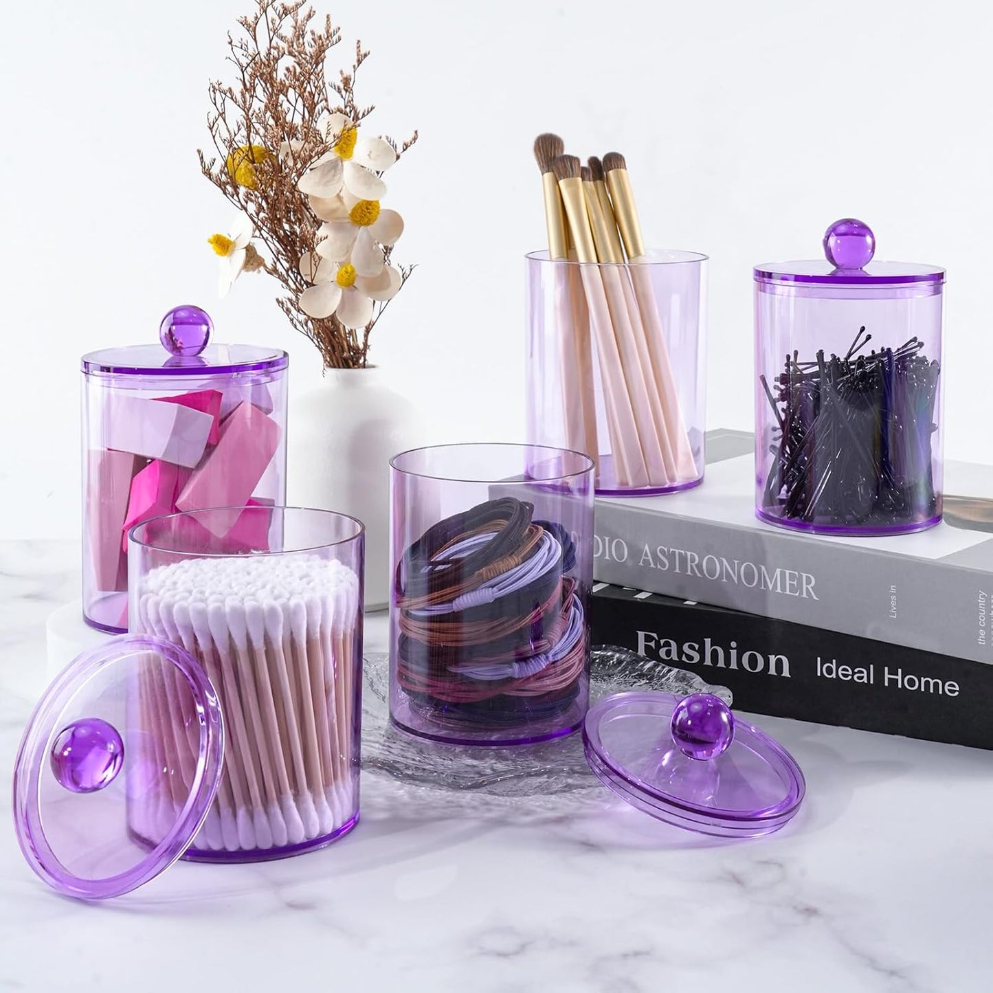 XIPENGKEJI Qtip Holder Set - 4 Pack Apothecary Jars with Lids for Cotton Swabs & Pads | 10oz-12oz Purple