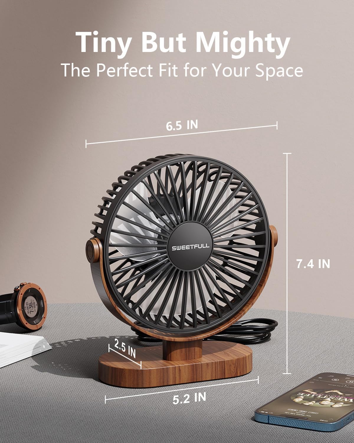 Sweetfull USB Small Desk Fan - 3-Speed Quiet Portable Mini Fan | 360° Adjustable for Home, Office & Travel - Black Wood Grain
