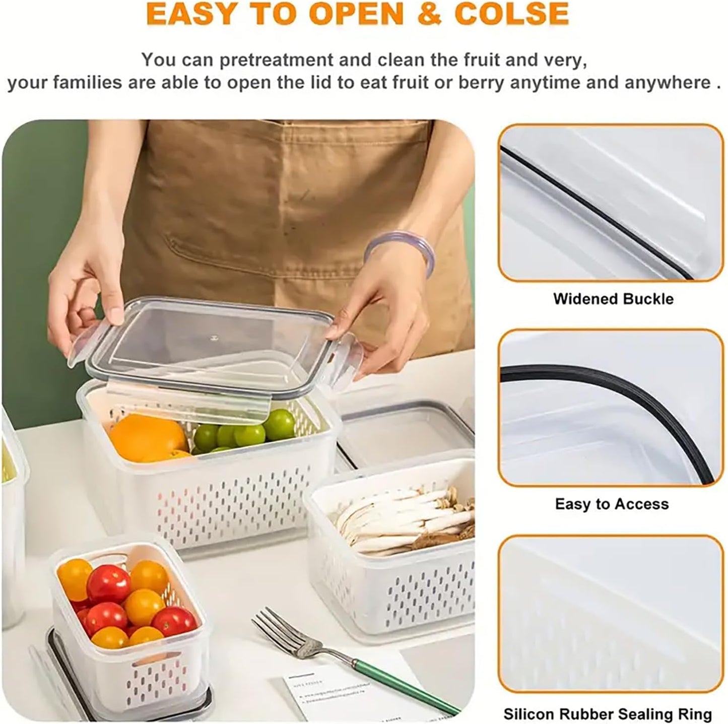 Skiennix 3-Piece Fruit Containers - Airtight Storage with Removable Colanders & Lids | Dishwasher & Microwave Safe