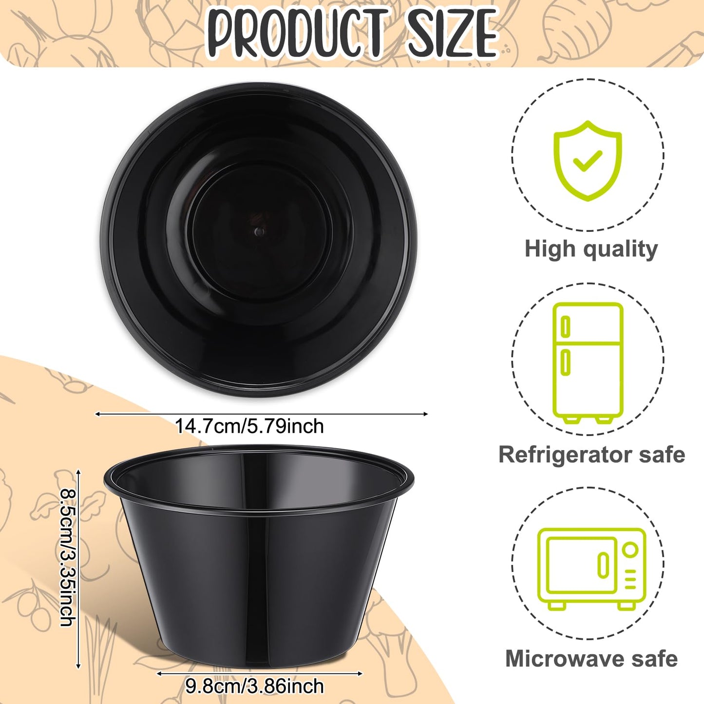 Newtay 100 Pcs 32 Oz Disposable Plastic Bowls Stackable Salad Bowls Large Serving Soup Tableware Candy Bar Containers for Party Salad Bar Buffet Serving (Black)
