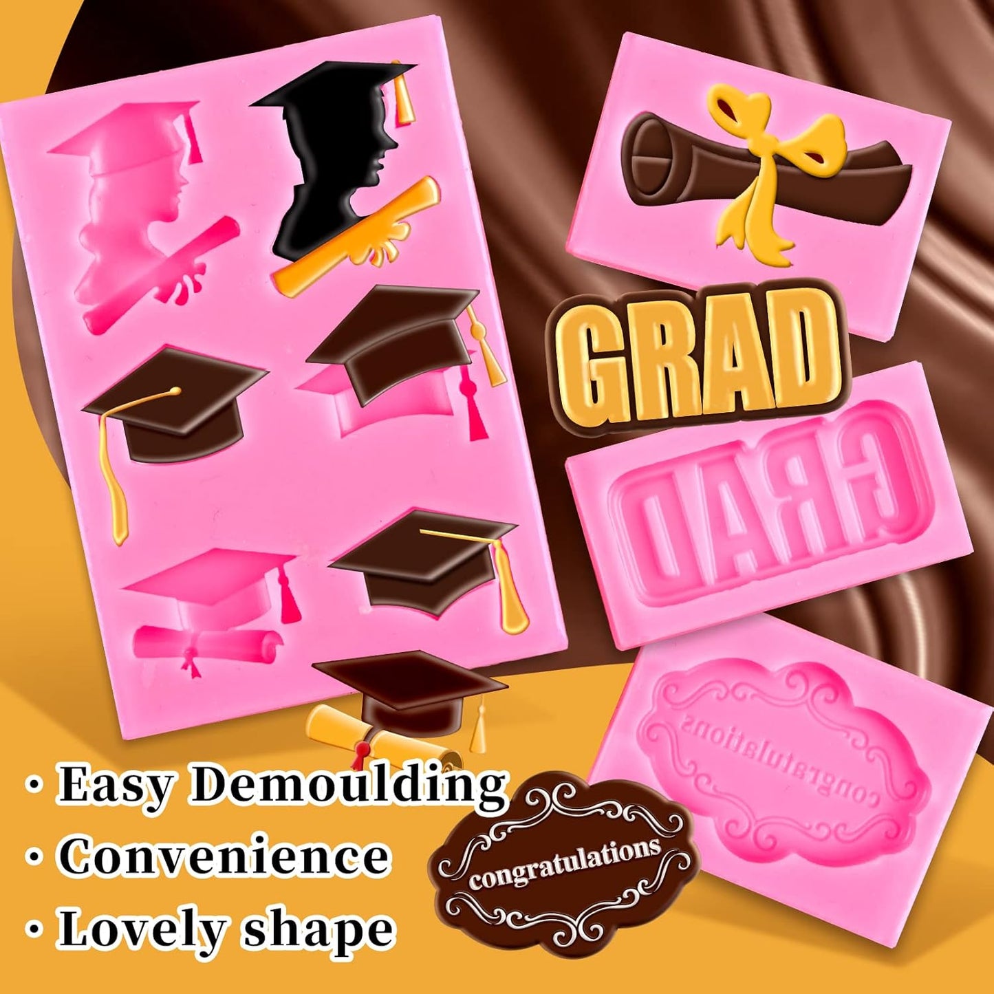 Whaline Graduation Mini Fondant Molds - 4 Pack Silicone Caps & Diplomas for Cake Toppers | Perfect for Parties