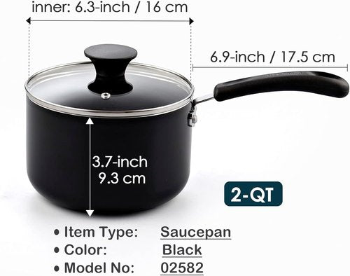 Cook N Home Nonstick Sauce Pan - 2-Qt Multi-Purpose Kitchen Pot with Glass Lid | Black Aluminum