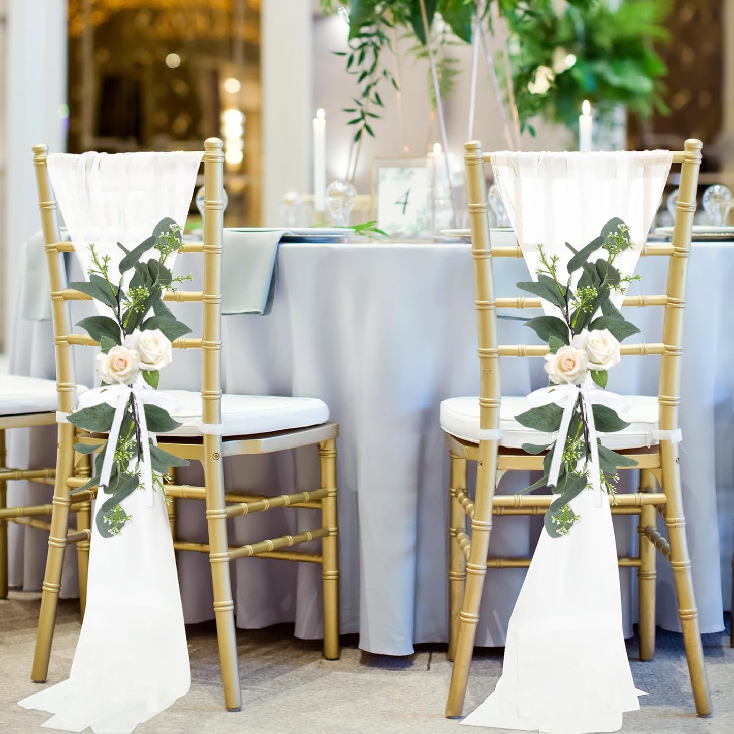 VitalCozy 24 Set Wedding Aisle Chair Decorations - Chiffon Sashes with Ribbon Bows & Eucalyptus Florals