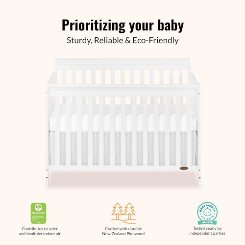 Dream On Me Ashton 4-in-1 Convertible Baby Crib - Sustainable Pinewood, White Finish, 4 Mattress Heights