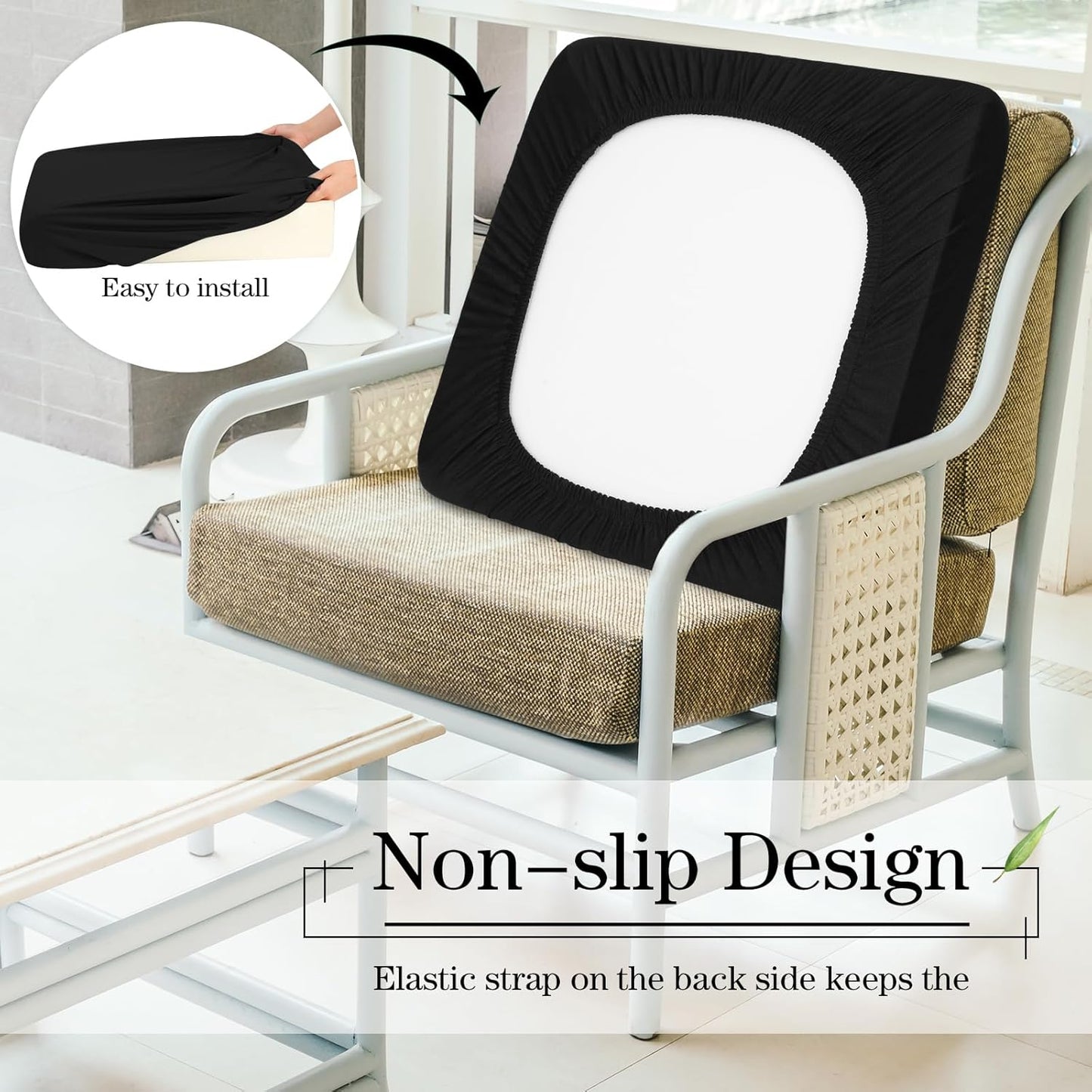 Newwiee 8Pcs Patio Cushion Covers - Waterproof Black Stretch Slipcovers for Outdoor Furniture