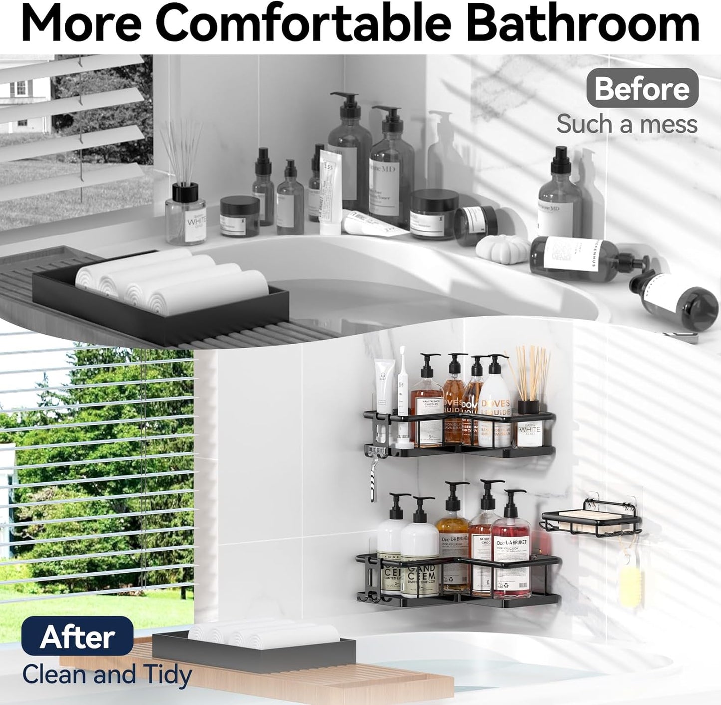 YASONIC Shower Caddy Corner - 3-Pack Rustproof Stainless Steel Shelves with Soap Holder | No-Drill Organizer for Dorms & Rentals, Black