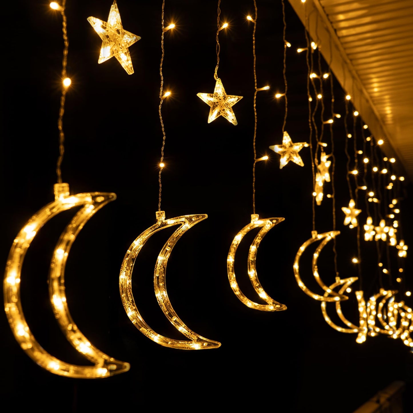 TW SHINE Ramadan Star Moon Curtain String Lights, 138 LED 8.2 FT Star Moon Hanging Lights with 8 Modes and Timer, Waterproof Fairy Lights for Indoor Outdoor Window Holiday Mubarak Ramadan Decorations