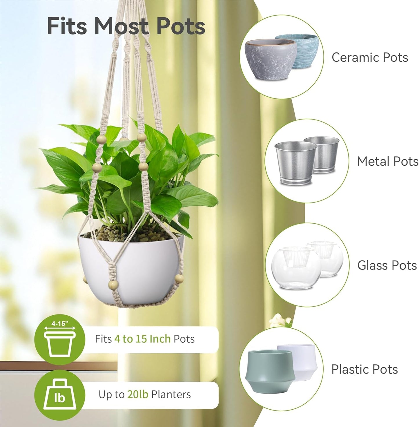 USLAI Macrame Plant Hanger - Strong Indoor/Outdoor Holder for 4 to 15 Inch Pots | 35 Inch Ivory Boho Decor