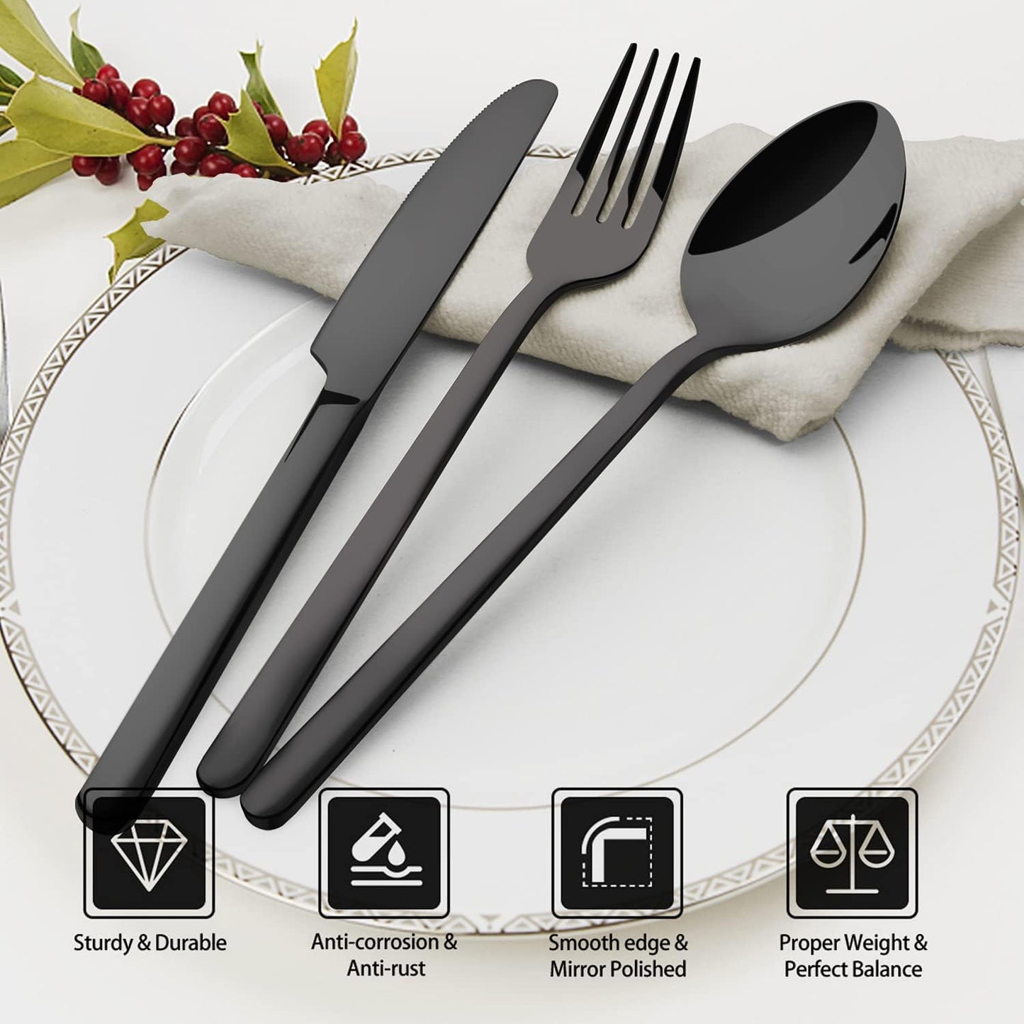 KINGSTONE 20-Piece Black Silverware Set - Elegant 18/10 Stainless Steel Flatware for Home & Restaurant