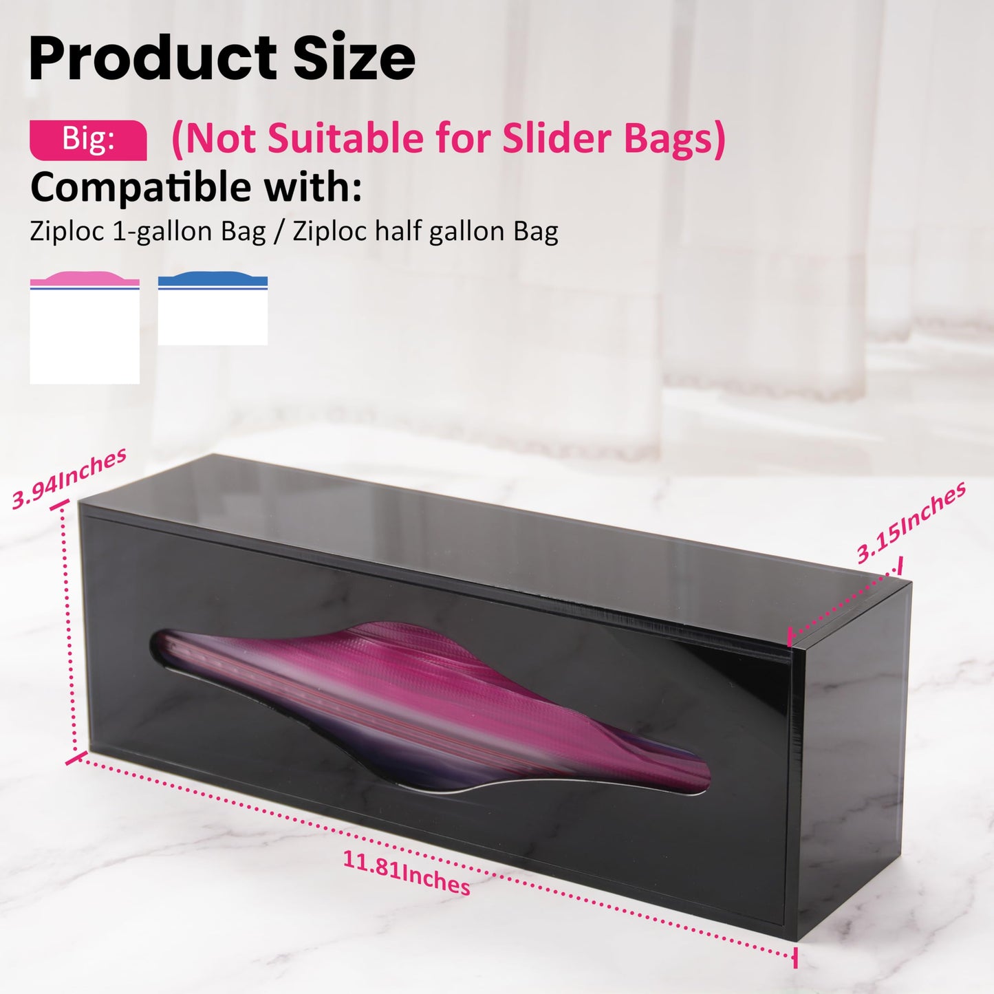 LUVCOSY Acrylic Food Bag Storage Organizer Magnetic Fridge Attachment Compatible with Ziploc 1 Gallon, Dispenser for Ziploc Bags, Kitchen Organization and Storage Solution, 1 Pack