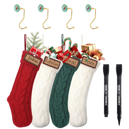 18” Personalized Christmas Stocking with Names, Custom Christmas Stockings Set of 4 with Leather Patches, Large Knitted Christmas Stockings for Kids with Pen & 4pcs Christmas Stocking Holders - 4pcs