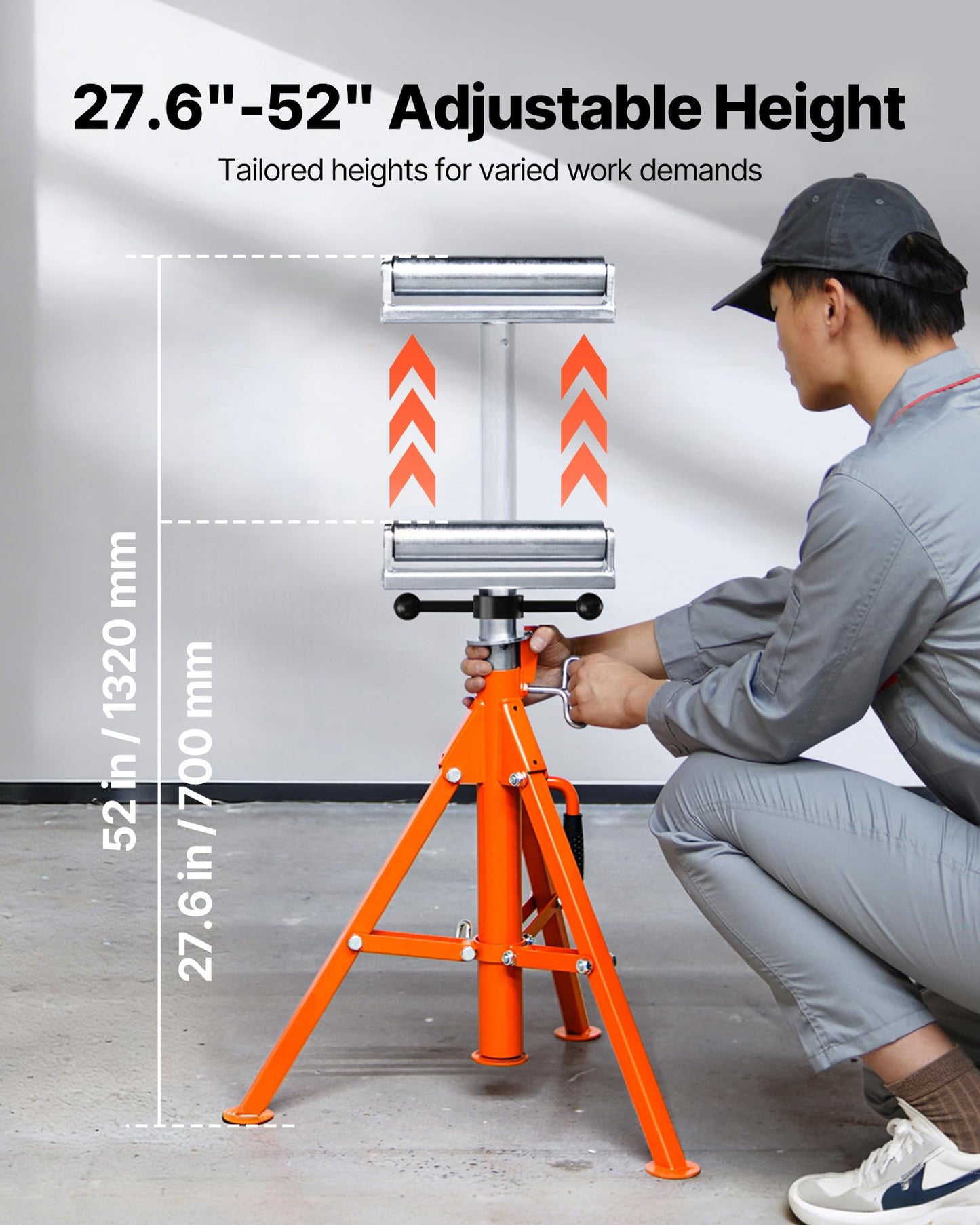 VEVOR Roller Stand, Heavy Duty 2500 LBS Load Capacity Tool Stand - 28"-52" Height Adjustable - Foldable Space-Saving Design - for Woodworking and Metalworking Long Boards, Metal Pipes or Bars