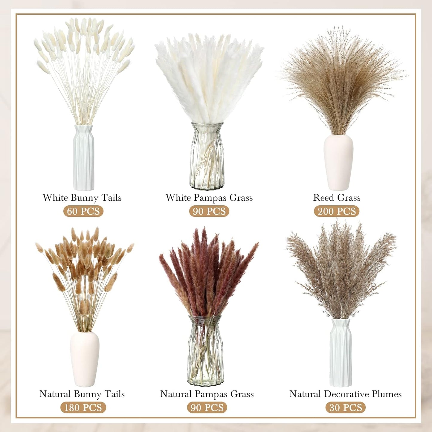Treela 650 Pcs Dried Pampas Grass Decor Bulk 17" Dried Bunny Tail Fluffy Pompous Pampas Natural Reed Grass Bouquet Wedding Boho Dried Flowers for Home Table Party Decor(Stylish)