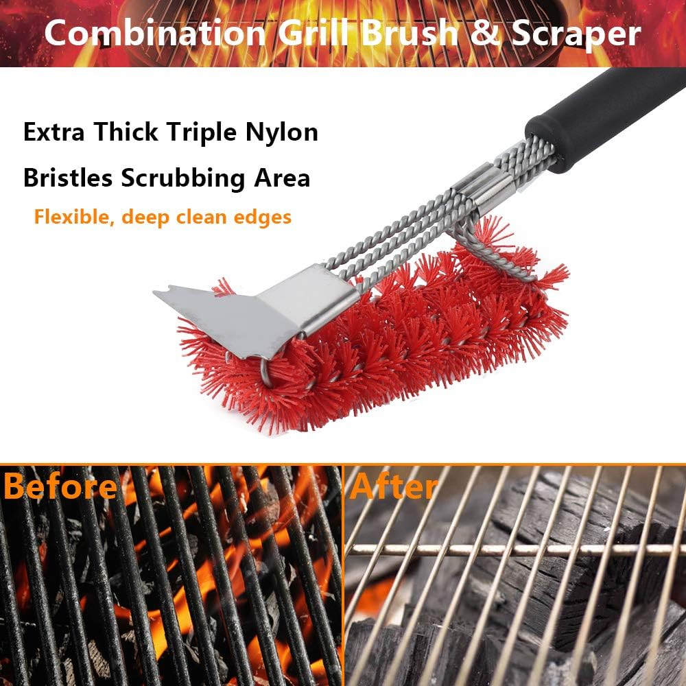 XSUPER Nylon Grill Brush - 3-in-1 Barbecue Cleaning Tool with Scraper | 18" Universal Fit BBQ Accessory