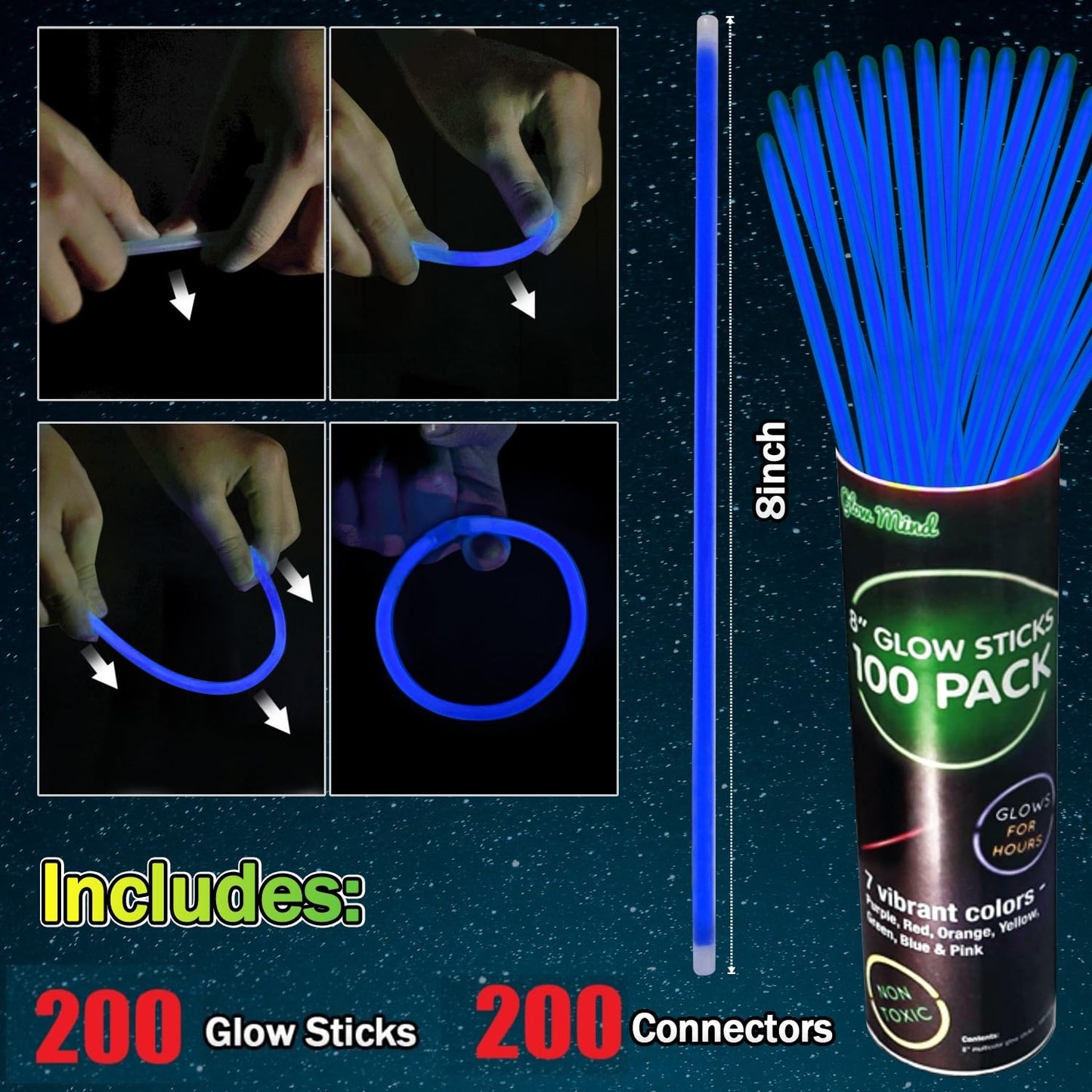 NUDALA 200 Pcs Blue Glow Sticks Bracelet Necklaces Bulk Glow in The Dark Party Supplies 8” Light Stick Pack with Connectors for Easter 4th of July Party Favors Christmas Birthday Carnival