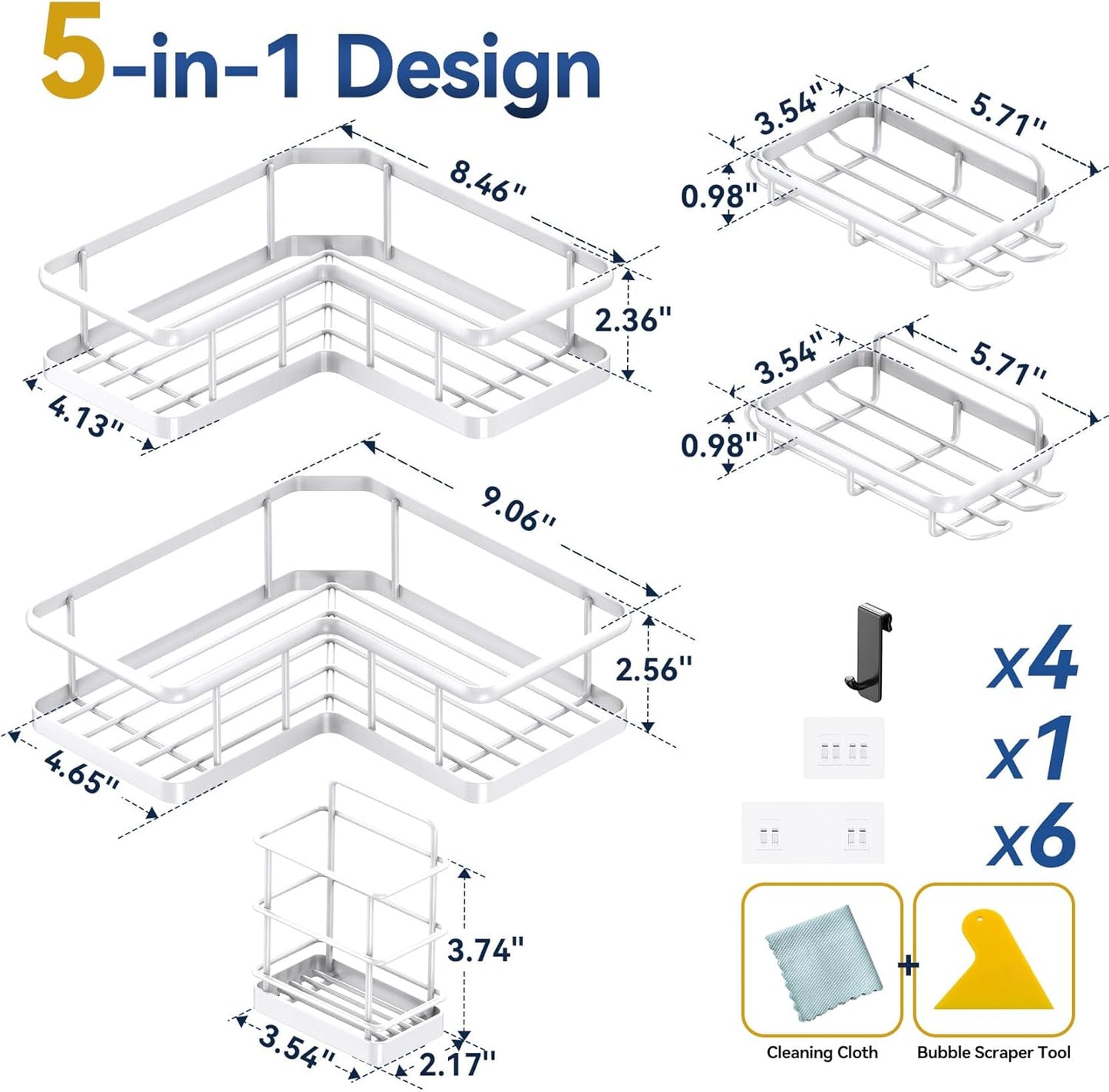 YASONIC Corner Shower Caddy - 5-Pack Rustproof Stainless Steel Organizer with Soap Holder | No-Drill, White