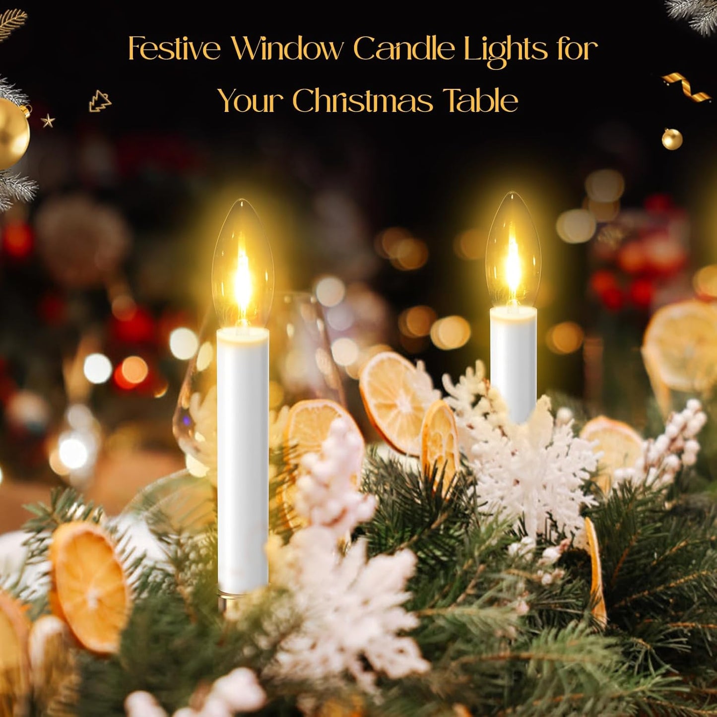Skiennix Christmas Electric Window Candle Lights - 2 Pack with Gold Base & 6FT Cord | Clear Bulb & Suction Cups