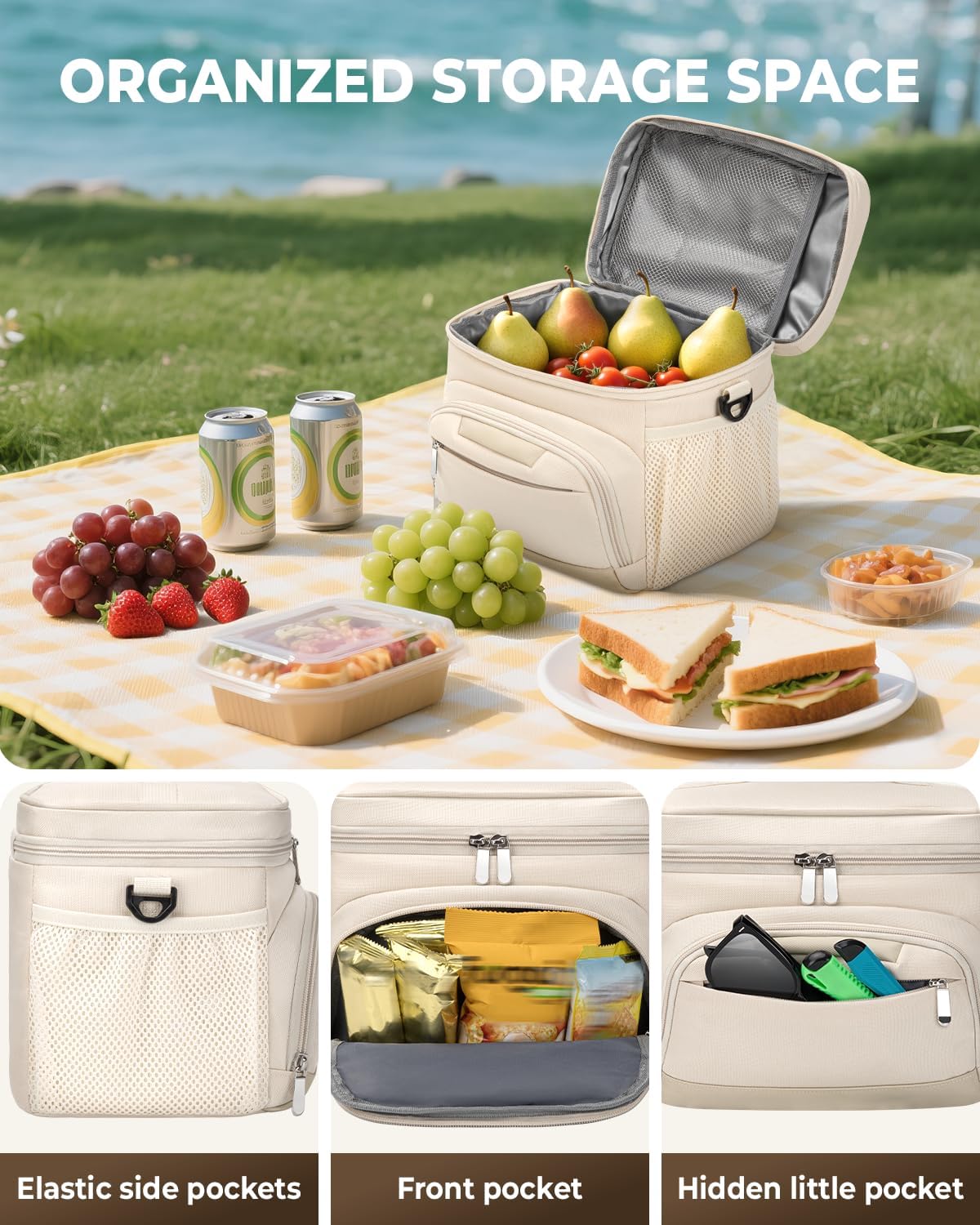 Skiennix Insulated Lunch Box - Leakproof Soft Cooler Tote Bag with Adjustable Strap - Beige, 12-Can (8L)