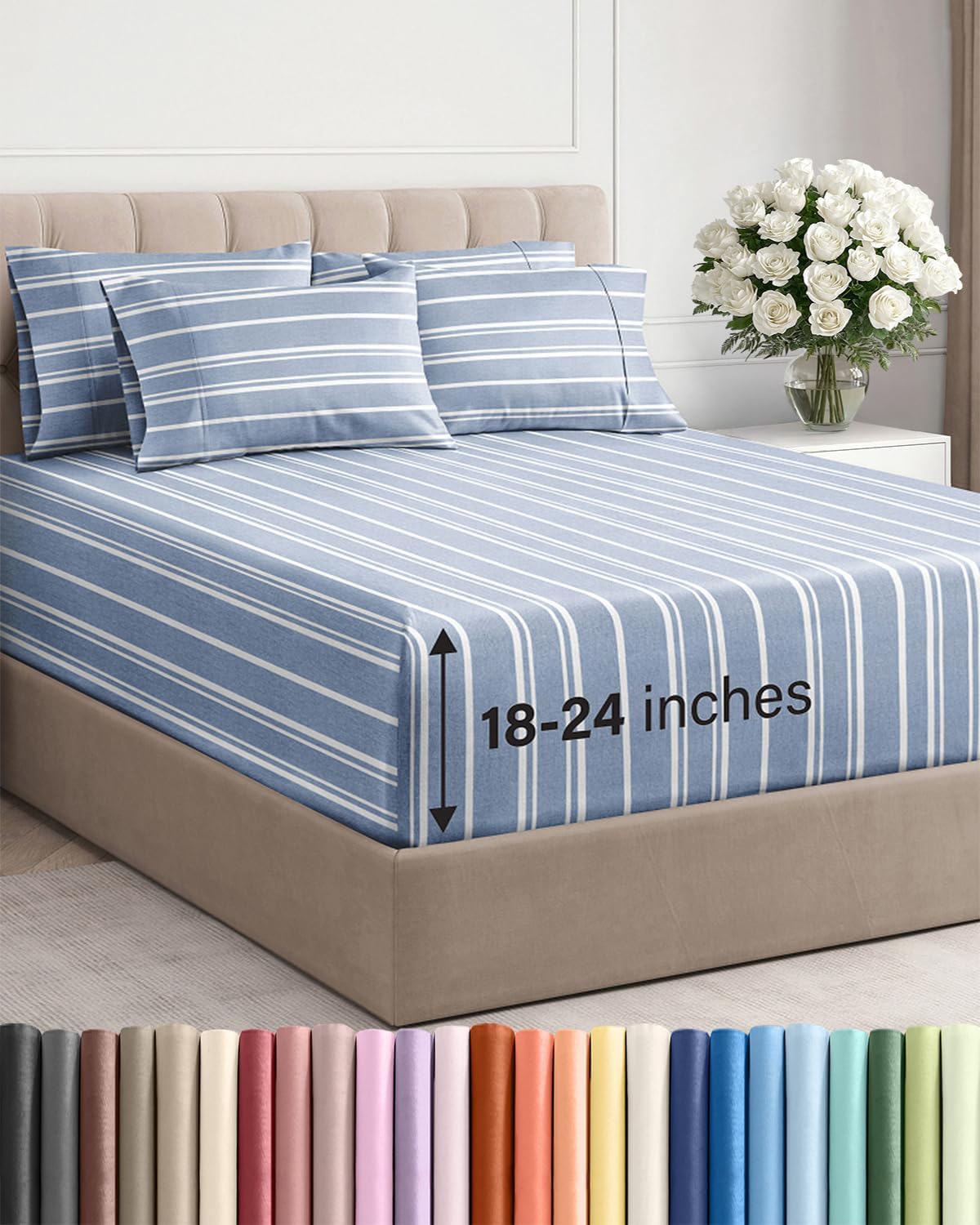 Skiennix Extra Deep Full Sheet Set - 6-Piece Breathable Cooling Bedding - Soft, Wrinkle-Free Blue Stripes