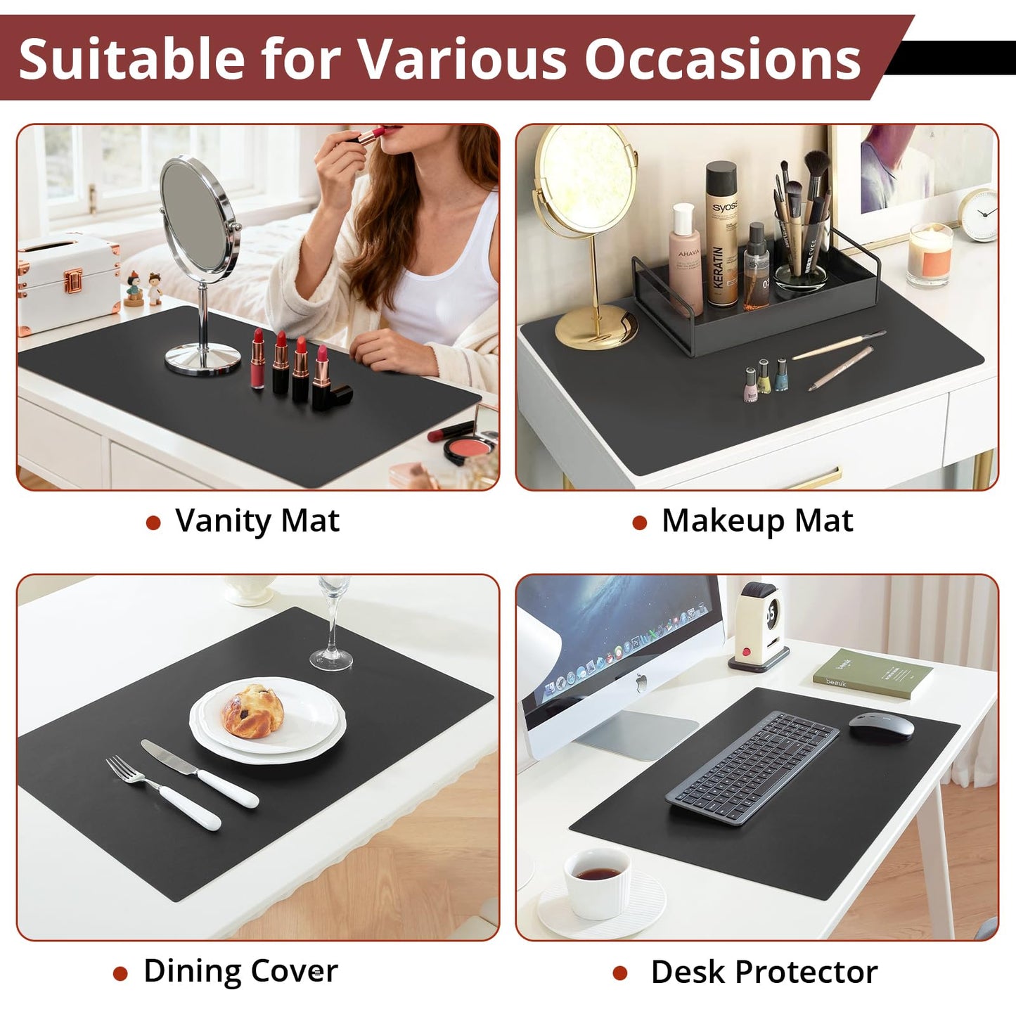 LovePads Makeup Mat for Vanity, 14 x 24 Dual-Sided Desk Pad & Vanity Cover Top, Waterproof PVC Protector Mat for Dresser, Nail Art, Craft Table (Black+Red)