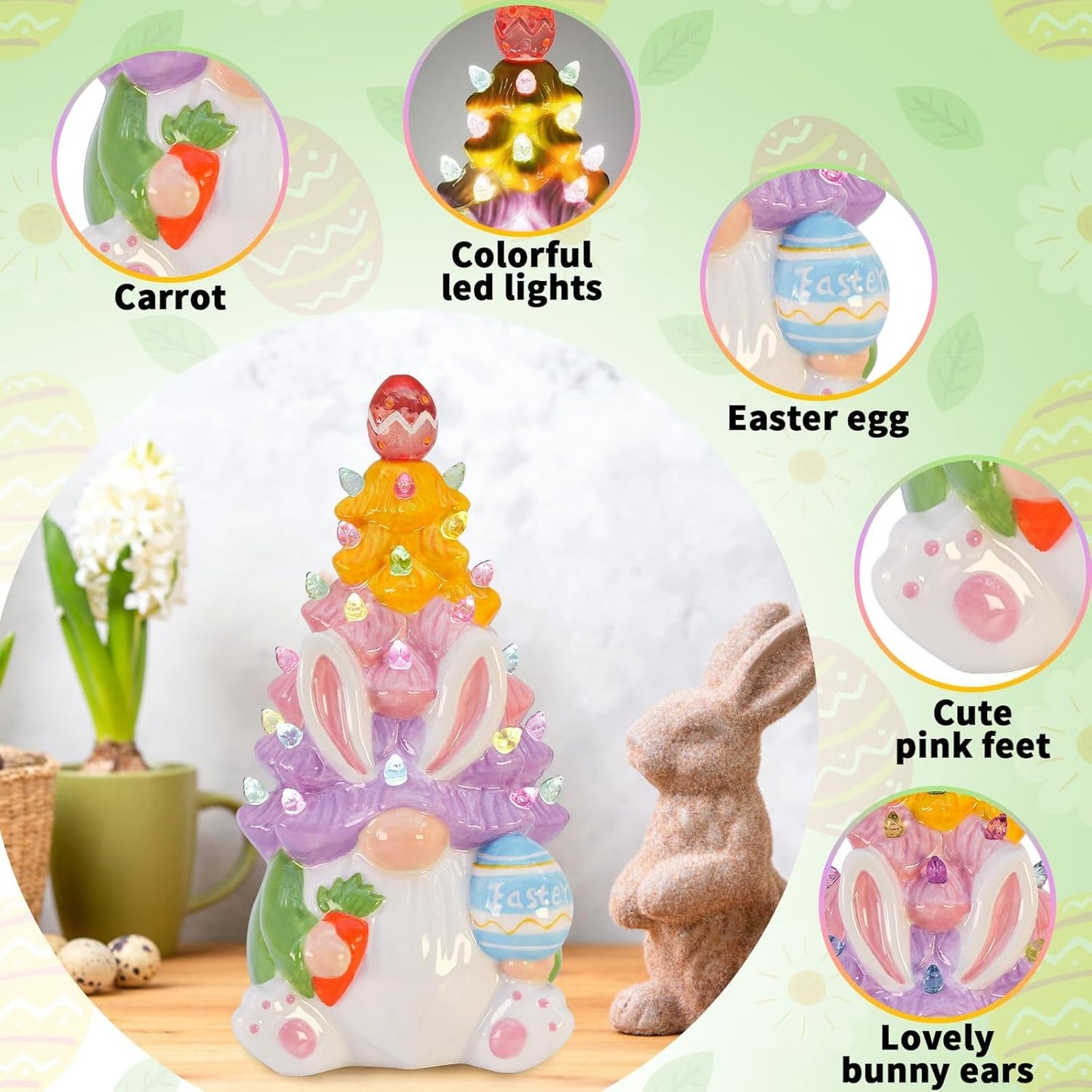 Timer Easter Decorations - Light Up Bunny & Gnome Ceramic Tree Decor for Spring Centerpieces