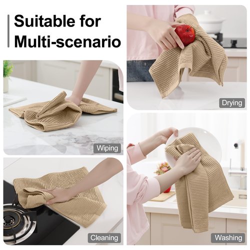 Homaxy Premium Kitchen Towels (18"x 28", 8 Pack), Large 100% Cotton Kitchen Hand Towels, Ultra Absorbent Ribbed Terry Tea Towels Set with Hanging Loop, Khaki