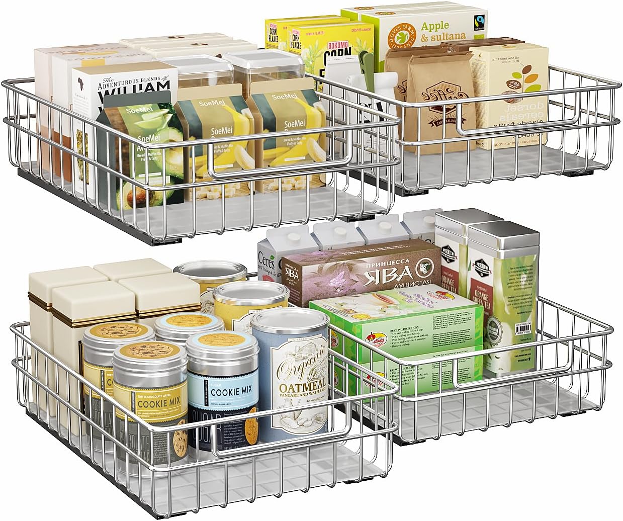 Skiennix Pull-Out Cabinet Organizer - Stainless Steel 4-Pack Drawer with Silent Slides | Spice Storage Rack for Kitchen & Pantry