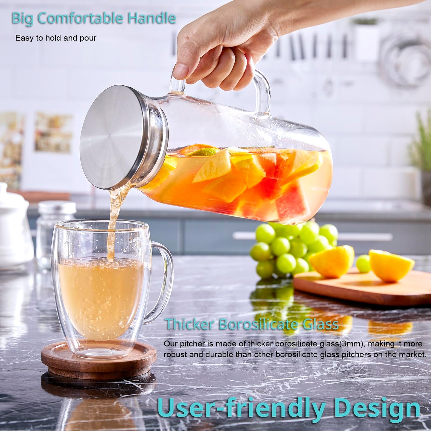 Bivvclaz 2 Pack 1.2 Liter 40 oz Small Glass Pitcher with Lid and Handle, Glass Carafe Water Pitcher for Hot/Cold Water, Iced Tea, Drinks, Coffee, Juice and Homemade Beverage