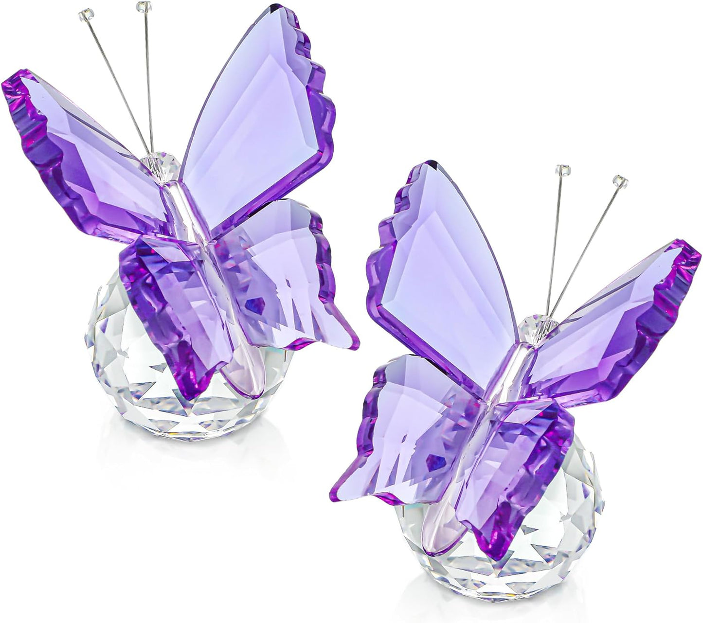 Kanpura Crystal Butterfly Figurines - 2 Pcs Glass Statues with Ball Base for Home Christmas Decor | Purple