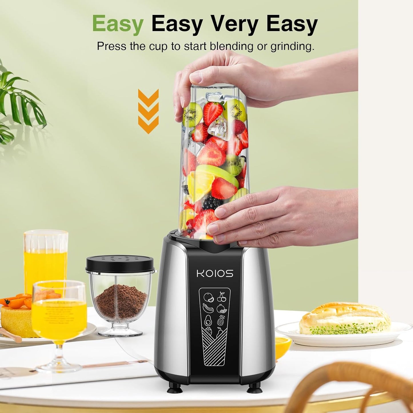 KOIOS Smoothie Blender - Powerful 1000W Personal Blender for Shakes & Smoothies | Includes 12-Piece Coffee Grinder Set & 2x22 oz To-Go Cups, Non-BPA