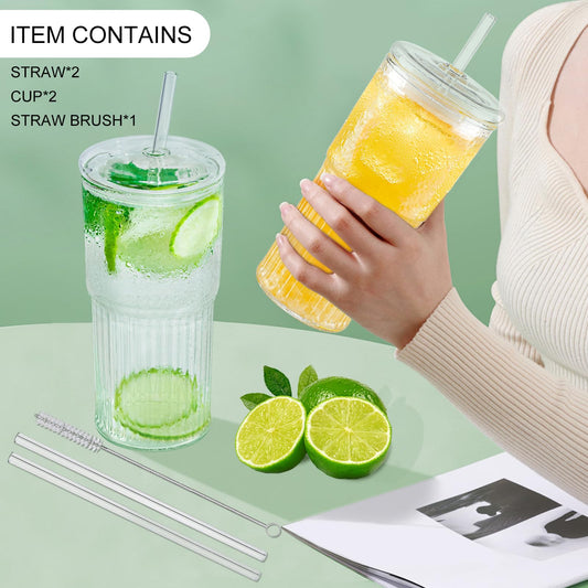 Luiaiog Glass Cups with Lids and Glass Straws, High Borosilicate 20OZ Tumblers (2Pcs) for Coffee, Tea, Juice, Smoothies, Hot/Cold Drinks at Home, Office（Christmas Creative Drink Label Design）