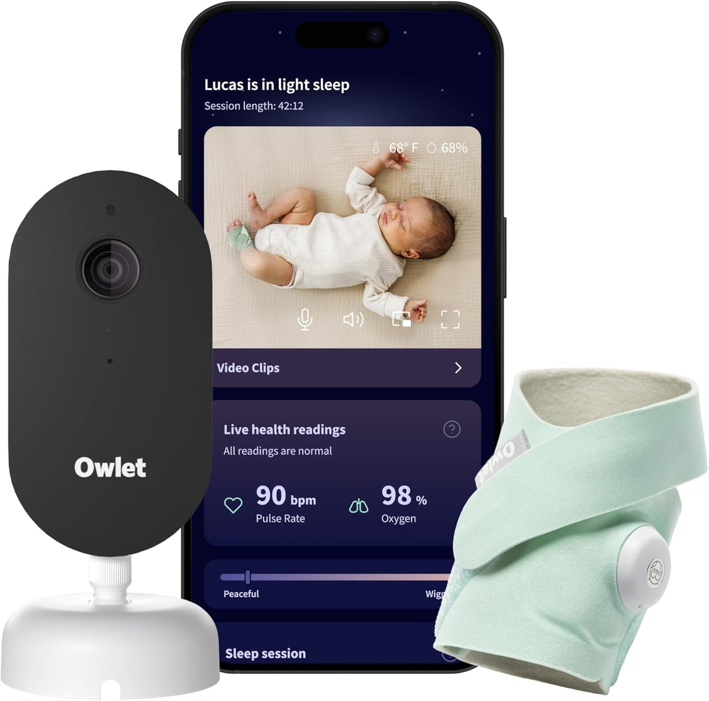Owlet Dream Duo (Gen 3) Smart Baby Monitor Bundle - 2K HD Video & Dream Sock for Oxygen, Heart Rate, Sleep Tracking | App Health Insights