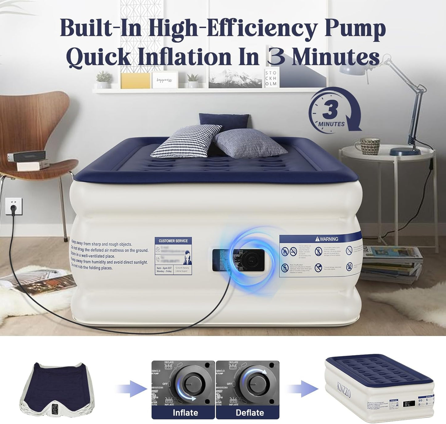 KNZZO Air Mattress - Twin Inflatable Bed with Built-in Pump & Soft Flocked Top | Waterproof & Portable for Home or Camping