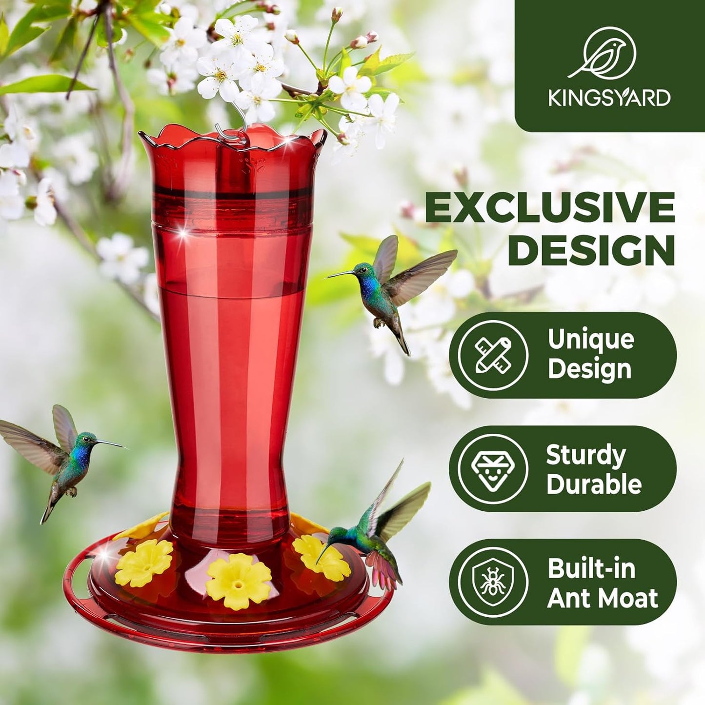 Kingsyard Glass Hummingbird Feeder - 14 oz Leak-Proof Design with Ant Moat & Bee-Proof Ports | 2-Pack Red